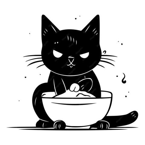 Stock cartoon of an angry looking black cat sticking it's paw into a bowl filled with flour