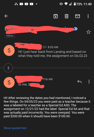 Hi! After reviewing the dates you had mentioned, I noticed a few things. On 04/05/23 you were paid as a teacher because it was a labeled for a teacher as a Special Ed ASD. The assignment on 12/21/22 had the label  Special Ed SA and that was actually paid incorrectly. You were overpaid. You were paid $200.00 when it should have been $100.00.