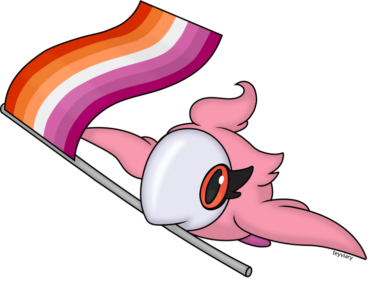 Digital art of a Spritzee flying by with a lesbian pride flag.
Spritzee is a small round bird pokemon with light pink feathers and a white face shaped like a plague mask. It has orange eyes with large black eyelashes, and a tuft of curled feathers on its head.