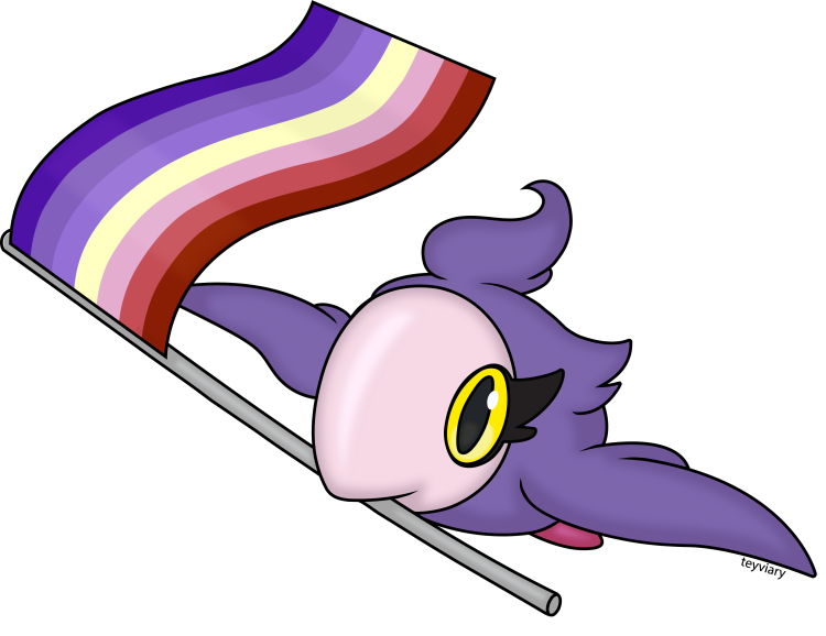 Digital art of a shiny Spritzee flying by with a non-binary lesbian pride flag.
Shiny Spritzee is a small round bird pokemon with purple feathers and a pale pink face shaped like a plague mask. It has yellow eyes with large black eyelashes, and a tuft of curled feathers on its head.