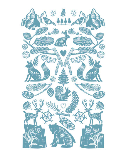 An illustration which is Scandinavian in feel of various animals, mountains, rocks, fir tree branches, snowflakes and hearts in a symmetrical design. The animals are an owl, bird, hare, fox, squirrel, stag and bear.