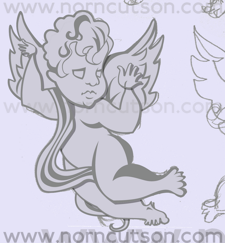 Cherub illustration over a locked-down layer of pencil sketch.

The cherub is made of stone, and deeply unhappy.